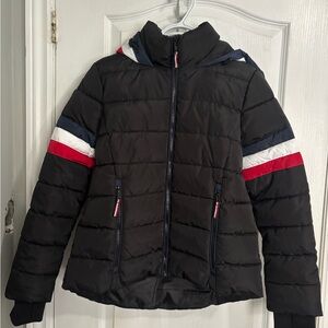 Tommy Hilfiger Black Puffer Jacket with Red, White & Navy Stripe